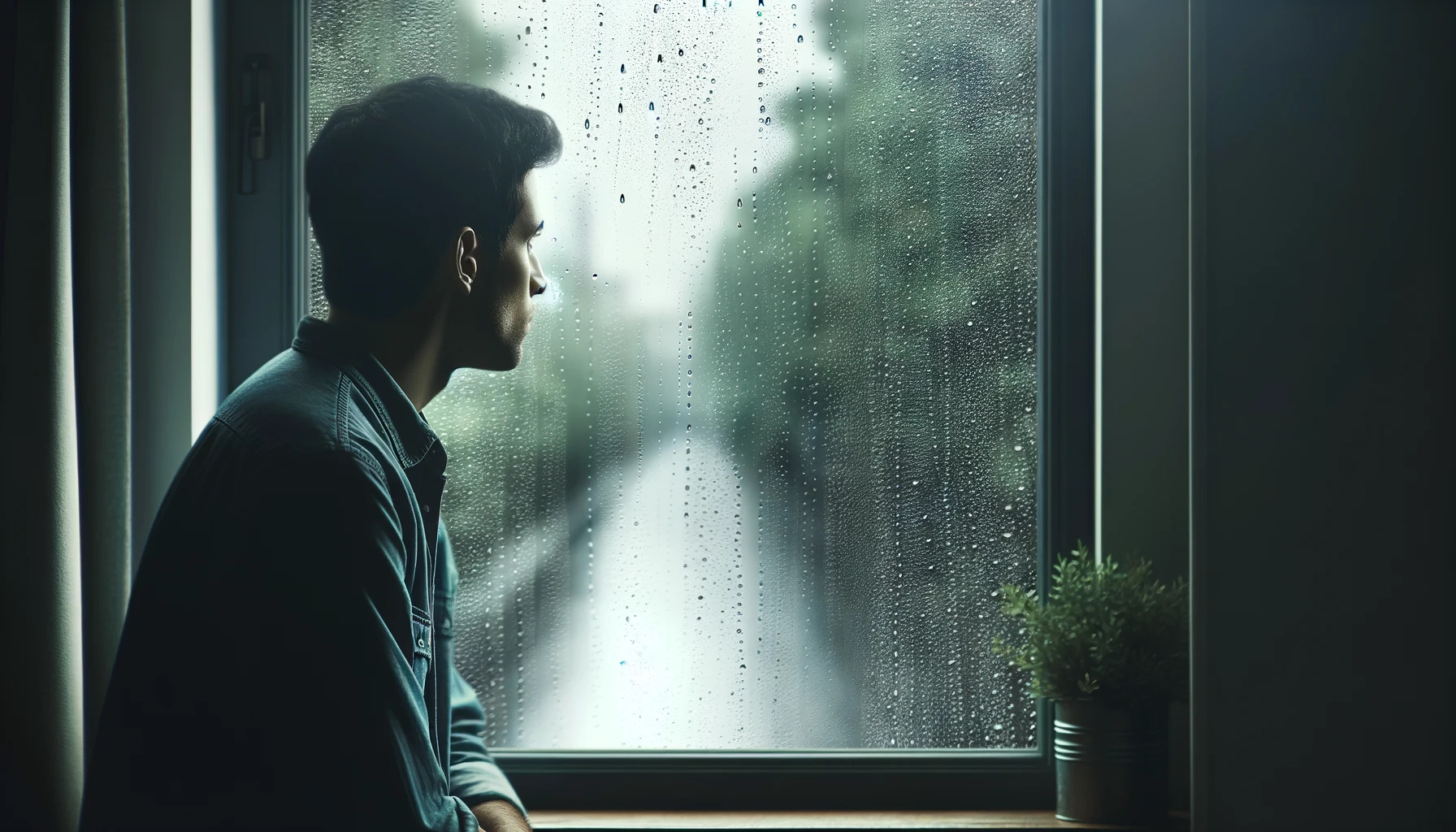 Silhouette d'une personne regardant pensivement à travers une fenêtre avec des gouttes de pluie, évoquant la réflexion et la mélancolie associées à la dépression.